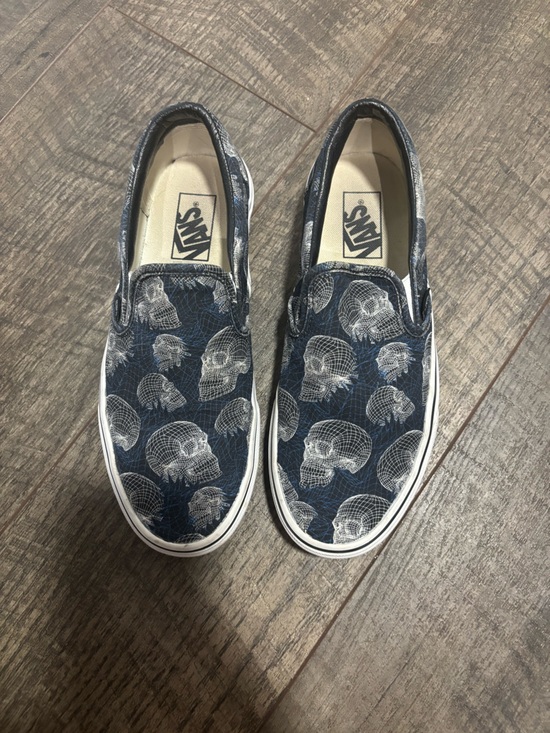 Vans Other - Vans Navy Slip-On Sneakers with White Wireframe Skull Pattern